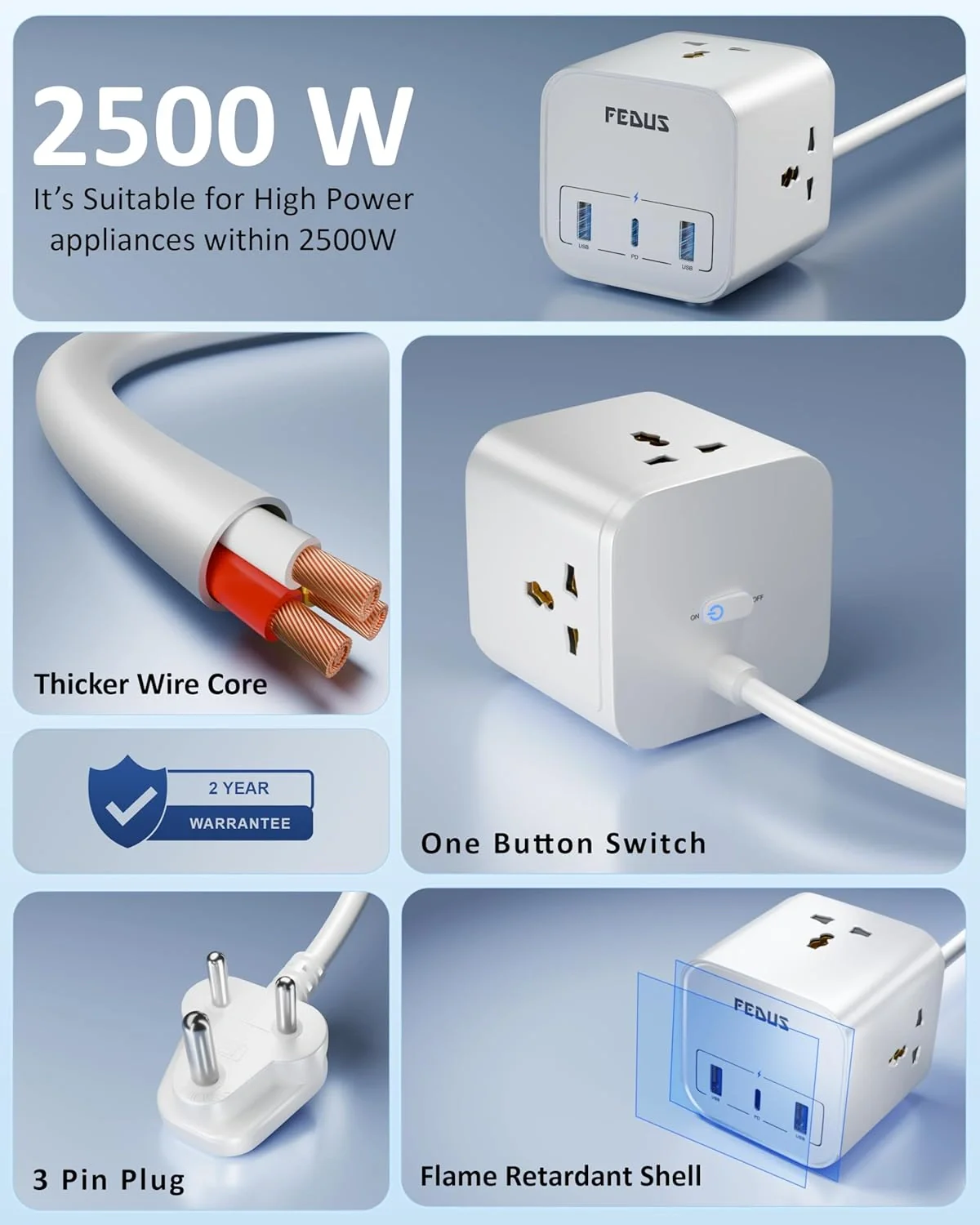 FEDUS 3M Surge Protector, 3 Way Cube Shape Universal Sockets with USB Port Type A & C, 9.8 Ft Long Cable, Extension Board Cord, Automatic Overload Protection, Fireproof Power Strip Switch board, Spike Guard
