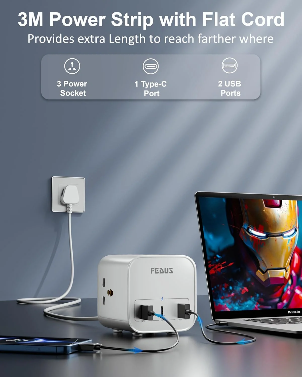 FEDUS 3M Surge Protector, 3 Way Cube Shape Universal Sockets with USB Port Type A & C, 9.8 Ft Long Cable, Extension Board Cord, Automatic Overload Protection, Fireproof Power Strip Switch board, Spike Guard