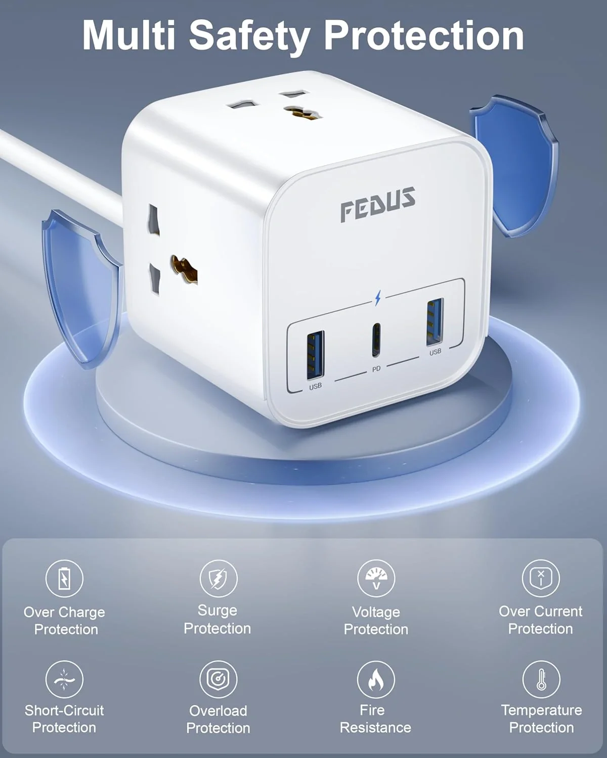 FEDUS 3M Surge Protector, 3 Way Cube Shape Universal Sockets with USB Port Type A & C, 9.8 Ft Long Cable, Extension Board Cord, Automatic Overload Protection, Fireproof Power Strip Switch board, Spike Guard
