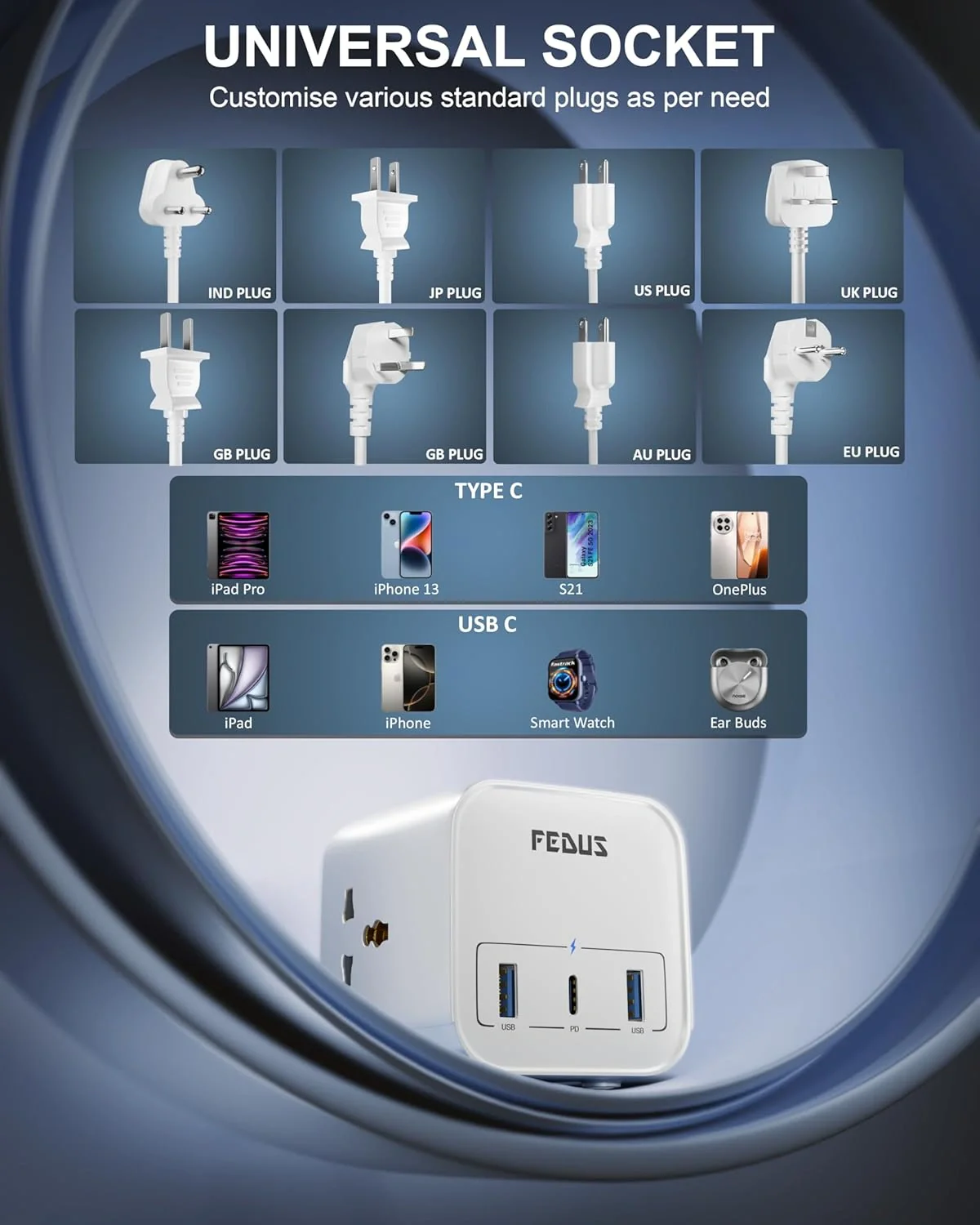 FEDUS 3M Surge Protector, 3 Way Cube Shape Universal Sockets with USB Port Type A & C, 9.8 Ft Long Cable, Extension Board Cord, Automatic Overload Protection, Fireproof Power Strip Switch board, Spike Guard