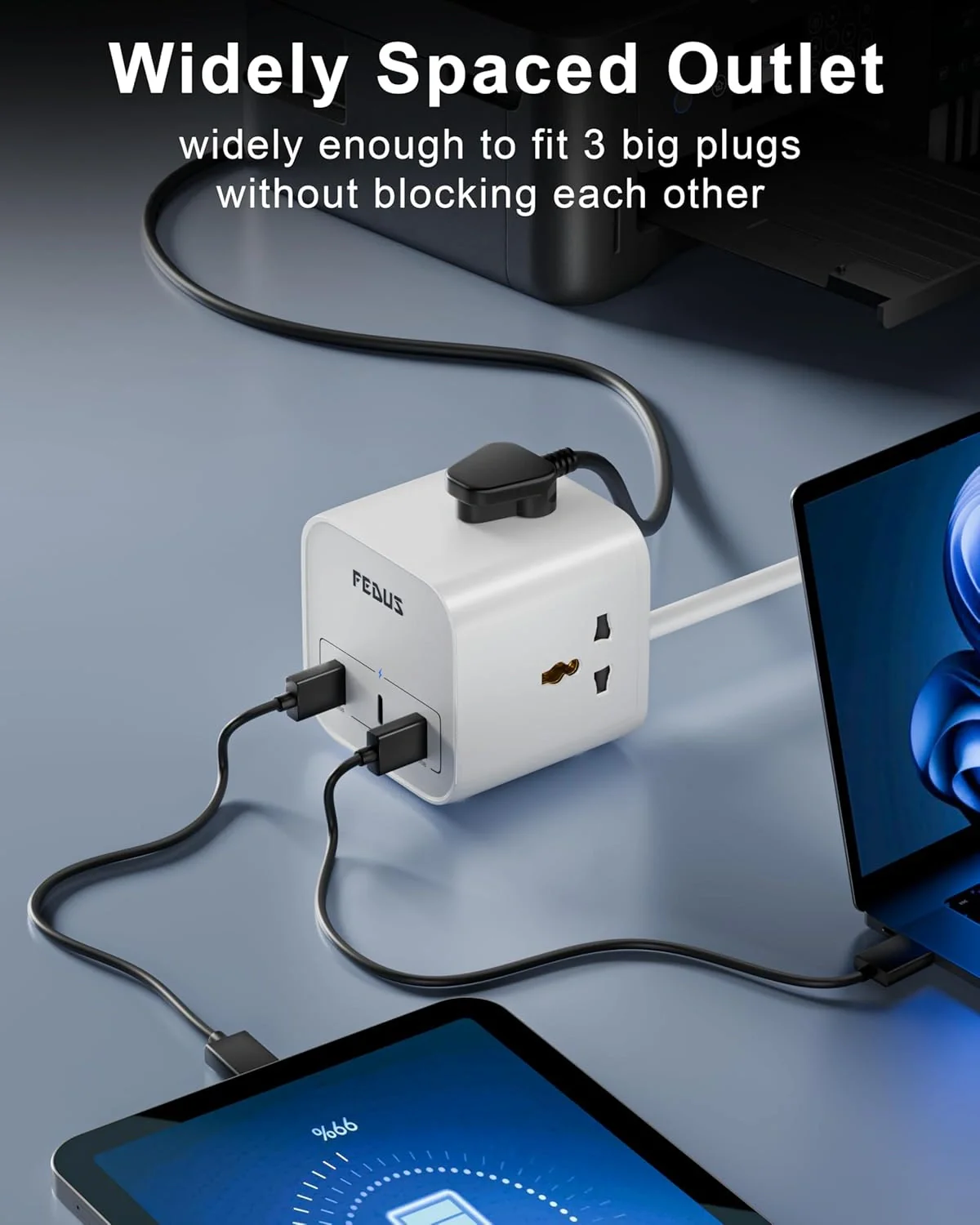 FEDUS 3M Surge Protector, 3 Way Cube Shape Universal Sockets with USB Port Type A & C, 9.8 Ft Long Cable, Extension Board Cord, Automatic Overload Protection, Fireproof Power Strip Switch board, Spike Guard