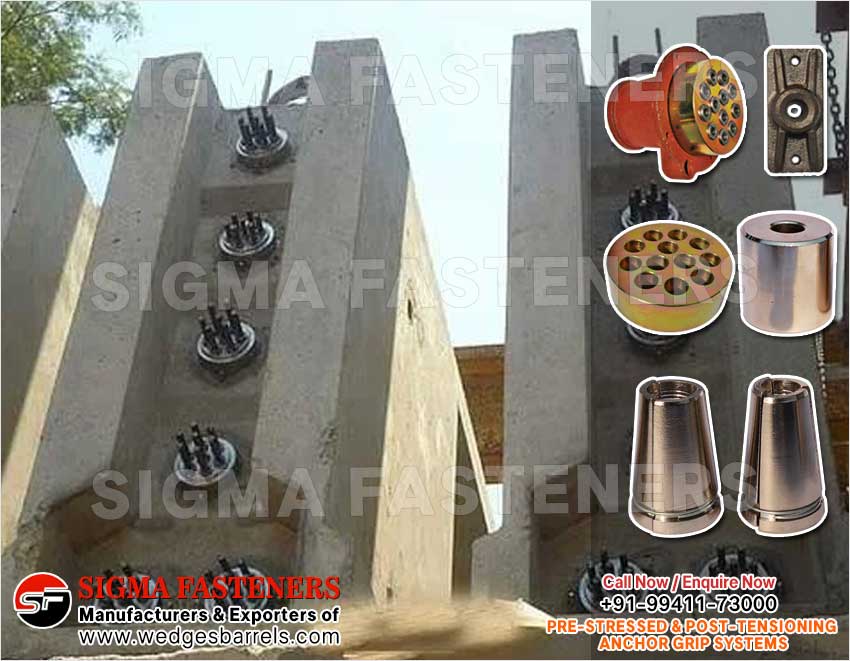 Post Tensioning wedges and barrels, pre stressed anchor grip system, anchor heads plates manufacturers exporters in India UAE Spain Oman Bangladesh South Africa Kuwait