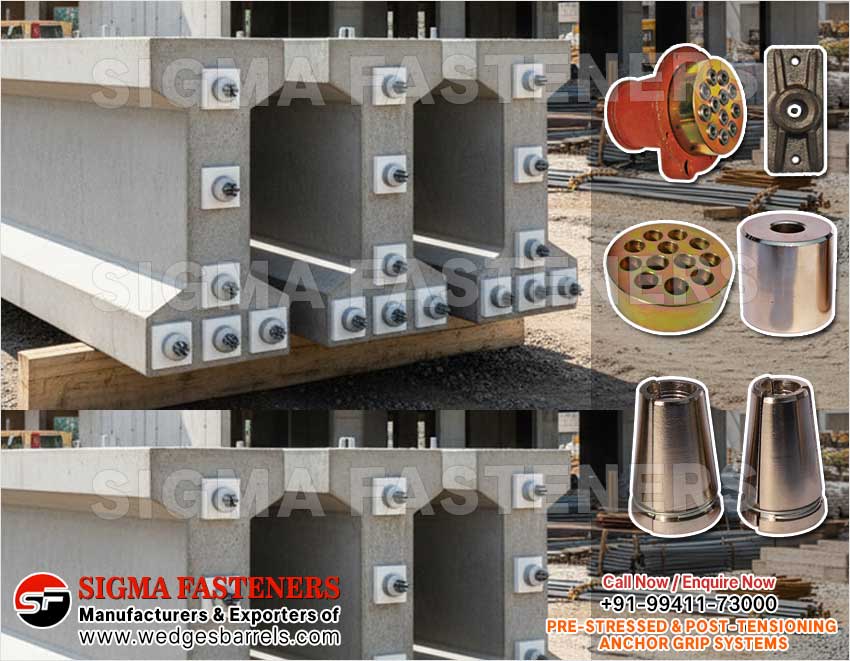 Post Tensioning wedges and barrels, pre stressed anchor grip system, anchor heads plates manufacturers exporters in India UAE Spain Oman Bangladesh South Africa Kuwait