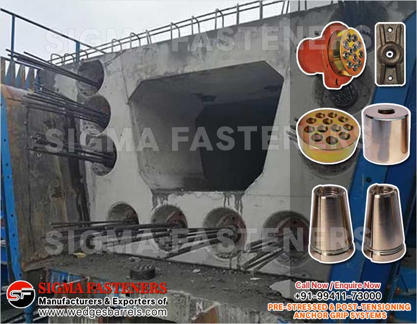 Post Tensioning wedges and barrels, pre stressed anchor grip system, anchor heads plates manufacturers exporters in India UAE Spain Oman Bangladesh South Africa Kuwait