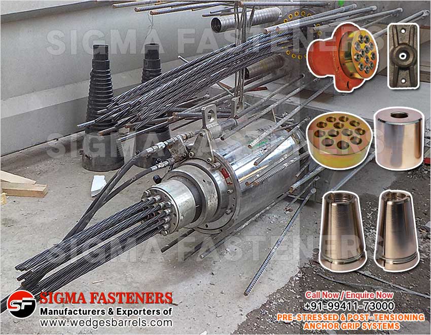 Post Tensioning wedges and barrels, pre stressed anchor grip system, anchor heads plates manufacturers exporters in India UAE Spain Oman Bangladesh South Africa Kuwait
