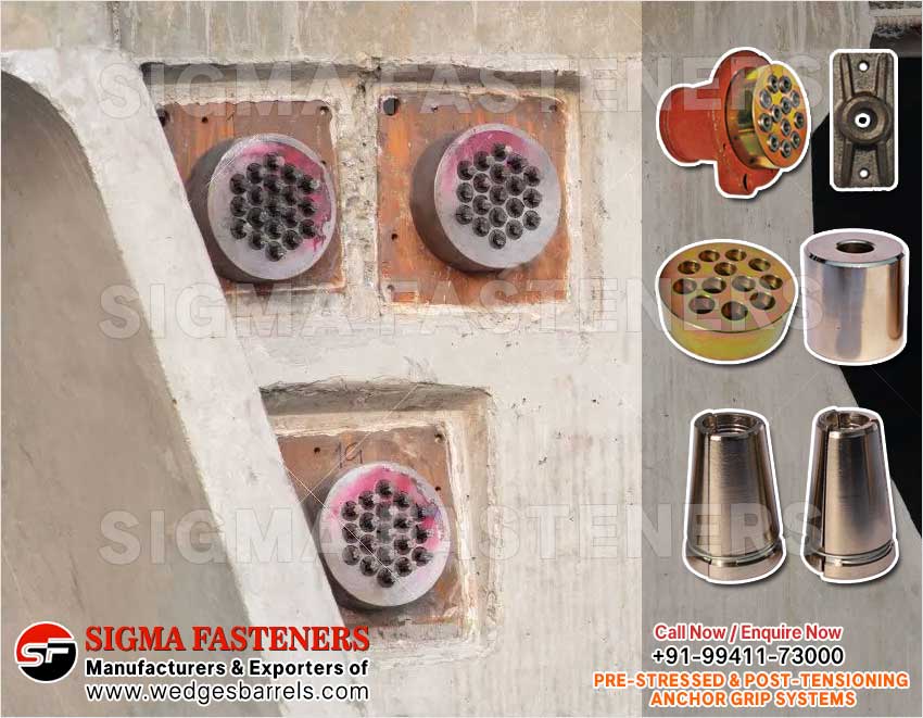 Post Tensioning wedges and barrels, pre stressed anchor grip system, anchor heads plates manufacturers exporters in India UAE Spain Oman Bangladesh South Africa Kuwait
